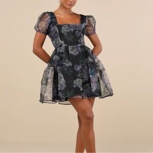 NWT Lulus Exceptional Fate Black Floral Organza Puff Sleeve Mini Dress